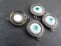 Evil Eye Charm Bracelet Connector, White Round Eye Pendant, Protective Talisman, Rhinestone Pave, Gunmetal Plated, 1PC, 15mm