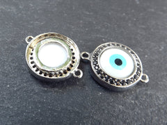 Evil Eye Charm Bracelet Connector, White Round Eye Pendant, Protective Talisman, Rhinestone Pave, Shiny Silver Plated, 1PC, 15mm