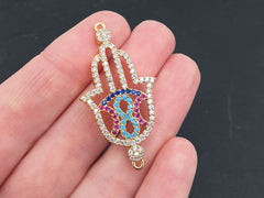 Hamsa Hand Bracelet Connector, Rhinestone Hamsa Charm, Pave Hamsa Pendant, Infinity, CZ Rhinestone Micro Pave, Gold Plated