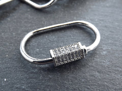 Carabiner Clasp Large Oval Screw Clasp, CZ Cubic Zirconia Stones, Rhinestone Micro Pave, Necklace Clasp, Silver Plated