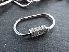 Carabiner Clasp Large Oval Screw Clasp, CZ Cubic Zirconia Stones, Rhinestone Micro Pave, Necklace Clasp, Silver Plated