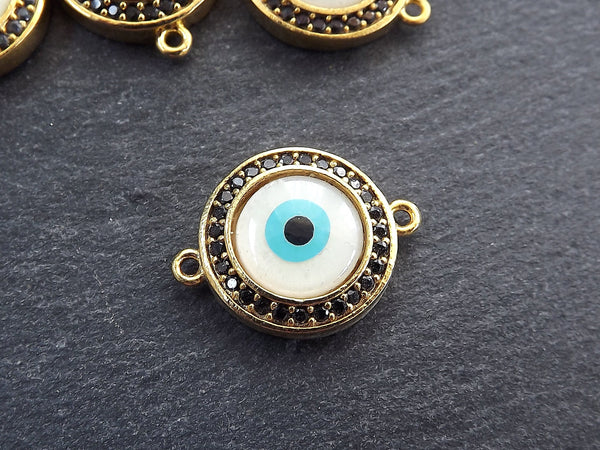 Evil Eye Charm Bracelet Connector, White Round Eye Pendant, Protective Talisman, Rhinestone Pave, Shiny 22k Gold Plated, 1PC, 15mm