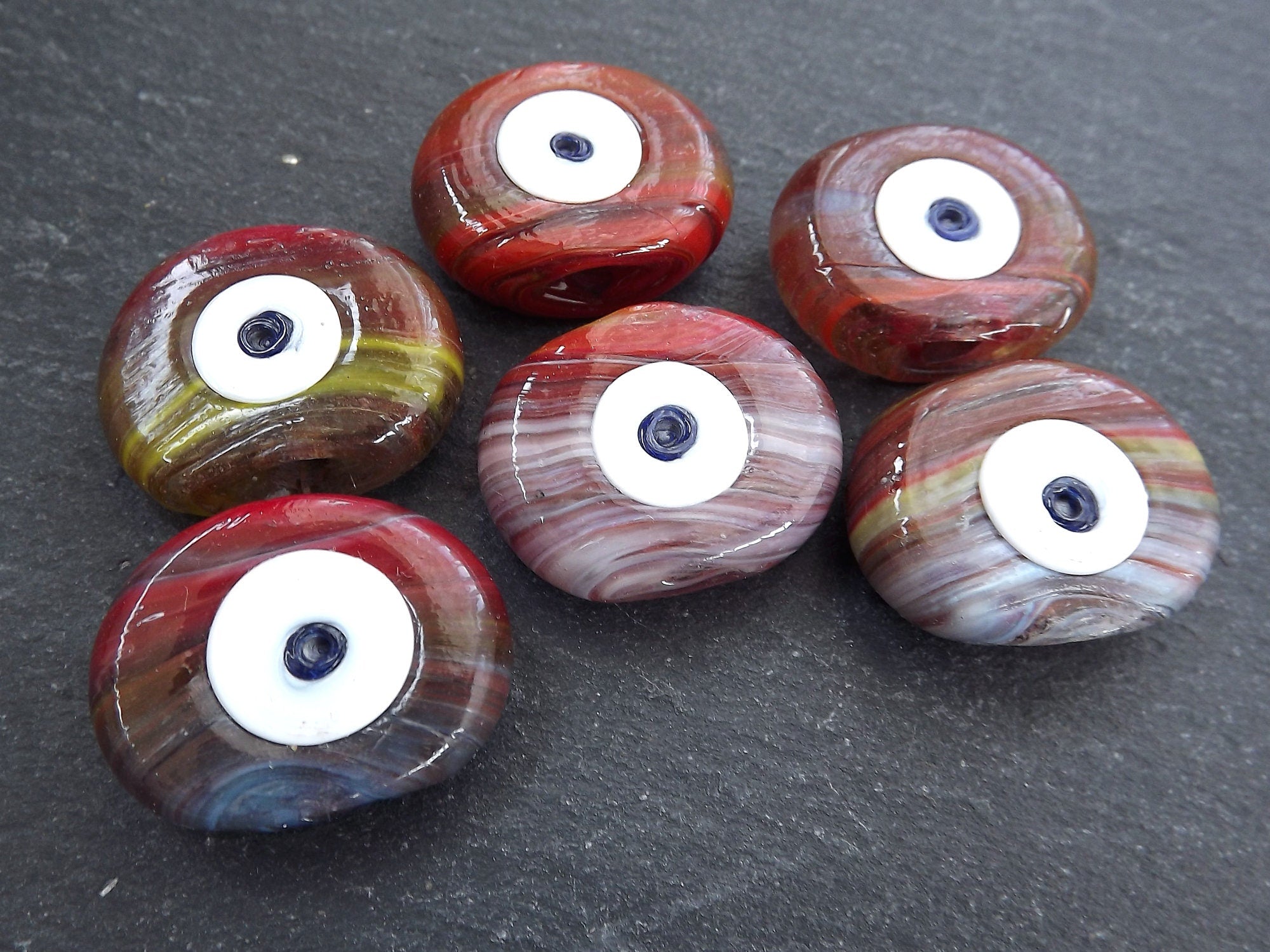 6 Evil Eye Nazar Glass Bead, Multicolor Marble, One of a Kind, Traditional Turkish Handmade Protective Lucky Amulet  26 mm, VALUE PACK, No:7