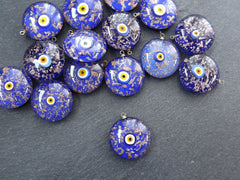 Glass Evil Eye Charm Pendant, Royal Blue Gold Spotted Round Evil Eye, Lampwork, Amulet, Protective, Lucky, Handmade, 1pc