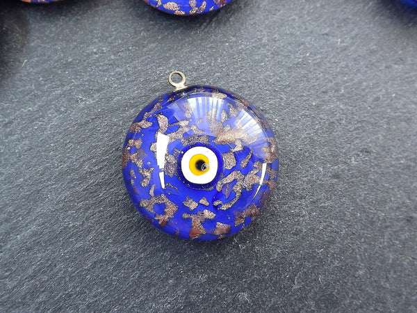 Glass Evil Eye Charm Pendant, Royal Blue Gold Spotted Round Evil Eye, Lampwork, Amulet, Protective, Lucky, Handmade, 1pc