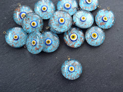 Glass Evil Eye Charm Pendant, Turquoise Blue Gold Spotted Round Evil Eye, Lampwork, Amulet, Protective, Lucky, Handmade, 1pc