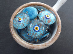 Glass Evil Eye Charm Pendant, Turquoise Blue Gold Spotted Round Evil Eye, Lampwork, Amulet, Protective, Lucky, Handmade, 1pc