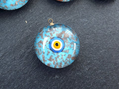 Glass Evil Eye Charm Pendant, Turquoise Blue Gold Spotted Round Evil Eye, Lampwork, Amulet, Protective, Lucky, Handmade, 1pc