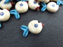 Glass Fish Charm Pendant, Lampwork Murano, Good Luck Bead, Evil Eye Amulet, Kismet Beads, Lucky, Handmade, Cream Blue, 1pc