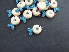 Glass Fish Charm Pendant, Lampwork Murano, Good Luck Bead, Evil Eye Amulet, Kismet Beads, Lucky, Handmade, Cream Blue, 1pc