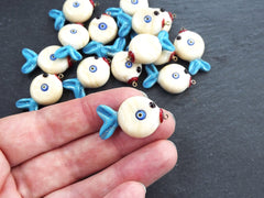 Glass Fish Charm Pendant, Lampwork Murano, Good Luck Bead, Evil Eye Amulet, Kismet Beads, Lucky, Handmade, Cream Blue, 1pc