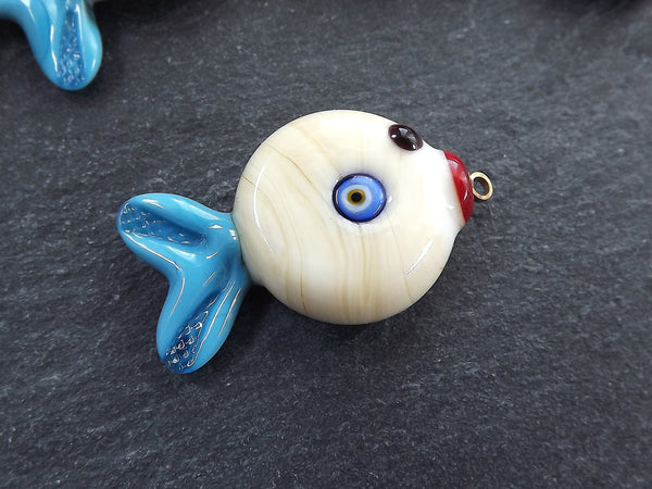 Glass Fish Charm Pendant, Lampwork Murano, Good Luck Bead, Evil Eye Amulet, Kismet Beads, Lucky, Handmade, Cream Blue, 1pc