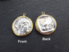Greek Coin Pendant Gold Frame Bezel, Athena Coin, Owl of Wisdom, Medallion Charm, Greek Coin, Shiny Gold, Antique Silver Plated N0:105