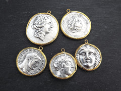 Greek Coin Pendant Gold Frame Bezel, Goddess Artemis Coin, Medallion Charm, Ancient Greek Coin, Shiny Gold, Antique Silver Plated, No:104