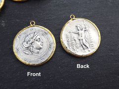 Greek Coin Pendant Gold Frame Bezel, Goddess Artemis Coin, Medallion Charm, Ancient Greek Coin, Shiny Gold, Antique Silver Plated, No:104