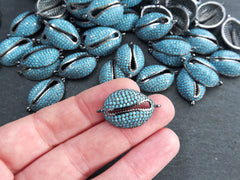 Cowrie Shell Connector Charms, Turquoise Blue Gunmetal Rhinestone Shell Charms, Micro Pave Cowrie Shell, Puka Shell, Bracelet Charm, T1