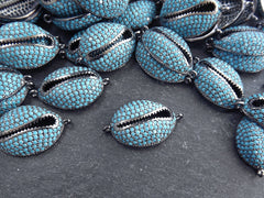 Cowrie Shell Connector Charms, Turquoise Blue Gunmetal Rhinestone Shell Charms, Micro Pave Cowrie Shell, Puka Shell, Bracelet Charm, T1