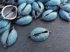 Cowrie Shell Connector Charms, Turquoise Blue Gunmetal Rhinestone Shell Charms, Micro Pave Cowrie Shell, Puka Shell, Bracelet Charm, T1