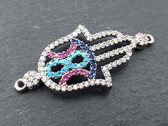 Hamsa Hand Bracelet Connector, Rhinestone Hamsa Charm, Pave Hamsa Pendant, Infinity, CZ Rhinestone Micro Pave, Silver Plated