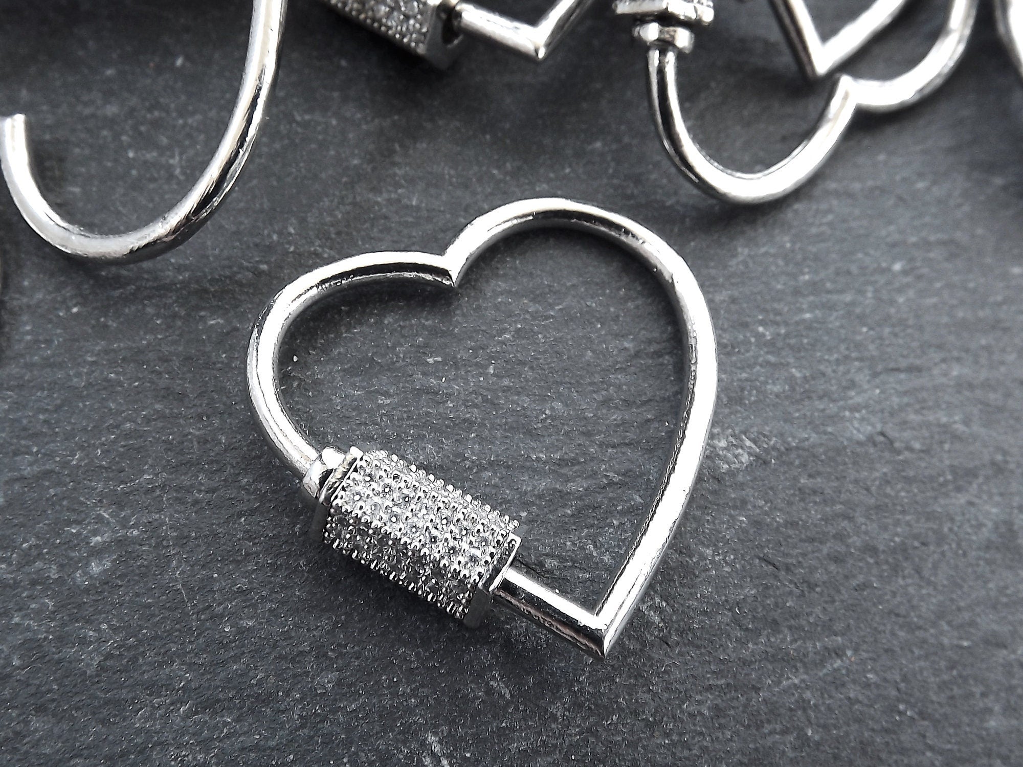 Carabiner Clasp Large Heart Screw Clasp, CZ Cubic Zirconia Stones, Rhinestone Micro Pave, Necklace Clasp, Silver Plated