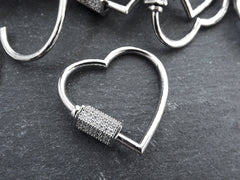 Carabiner Clasp Large Heart Screw Clasp, CZ Cubic Zirconia Stones, Rhinestone Micro Pave, Necklace Clasp, Silver Plated