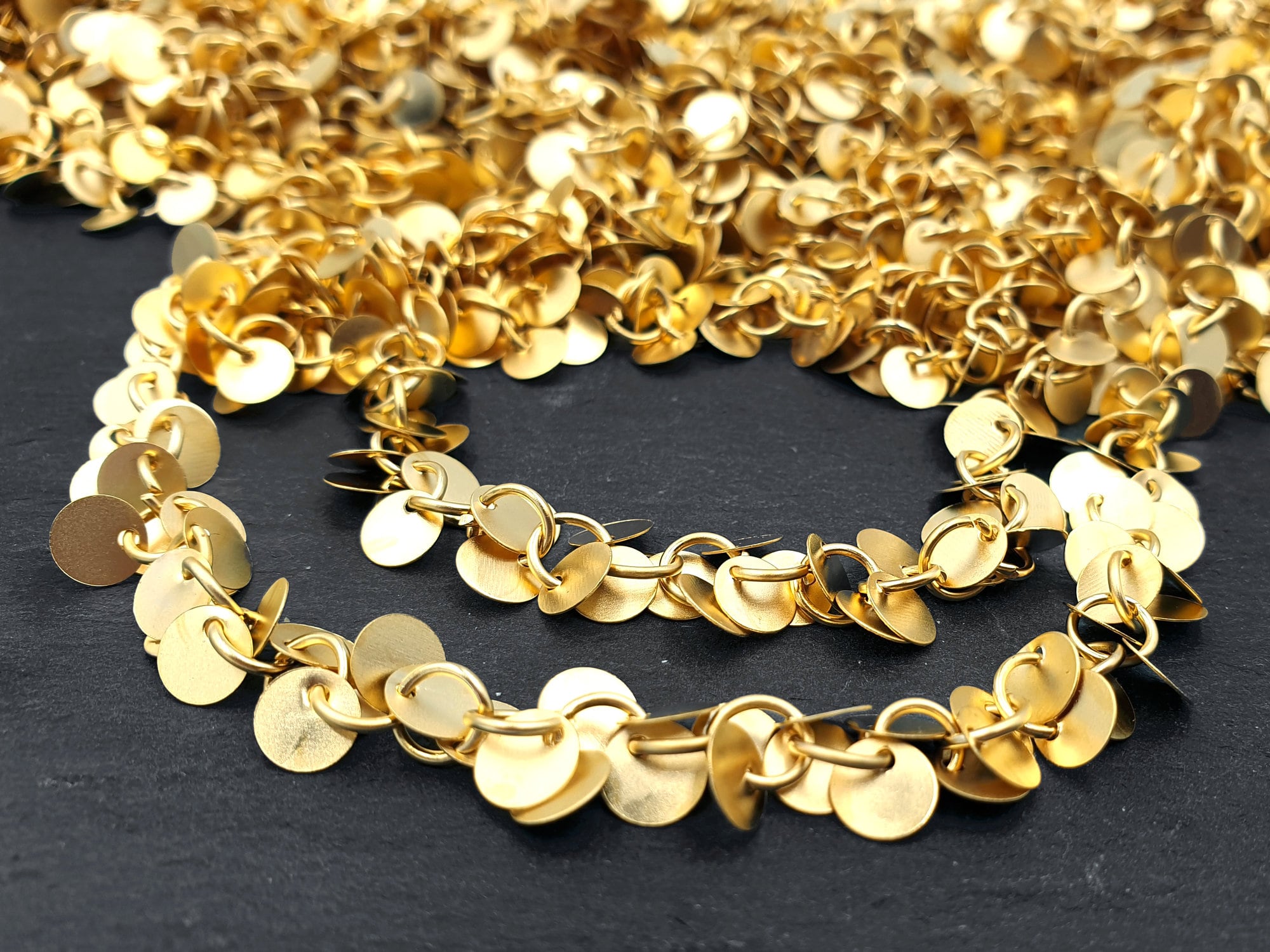 Gold Coin Chain, Cluster Disc Chain, Jewelry Chain, Ankle Bracelet Chain, Necklace Chain, 22k Matte Gold Plated, 1 Meter = 3.3 feet
