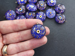 Glass Evil Eye Charm Pendant, Royal Blue Gold Spotted Round Evil Eye, Lampwork, Amulet, Protective, Lucky, Handmade, 1pc