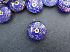 Glass Evil Eye Charm Pendant, Royal Blue Gold Spotted Round Evil Eye, Lampwork, Amulet, Protective, Lucky, Handmade, 1pc