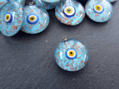 Glass Evil Eye Charm Pendant, Turquoise Blue Gold Spotted Round Evil Eye, Lampwork, Amulet, Protective, Lucky, Handmade, 1pc