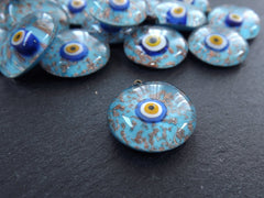 Glass Evil Eye Charm Pendant, Turquoise Blue Gold Spotted Round Evil Eye, Lampwork, Amulet, Protective, Lucky, Handmade, 1pc