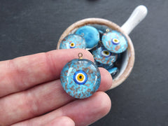 Glass Evil Eye Charm Pendant, Turquoise Blue Gold Spotted Round Evil Eye, Lampwork, Amulet, Protective, Lucky, Handmade, 1pc