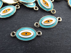 Evil Eye Charm Connector Pendant, Turquoise Aqua Blue Enamel Evil eye, Good Luck Charm, Protection Amulet, Bracelet Connector, Gold Plated