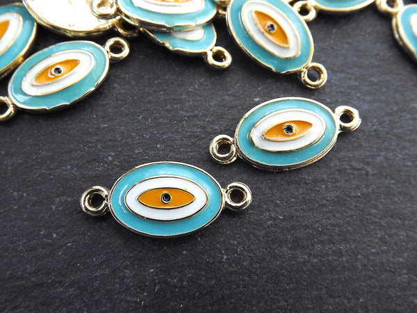 Evil Eye Charm Connector Pendant, Turquoise Aqua Blue Enamel Evil eye, Good Luck Charm, Protection Amulet, Bracelet Connector, Gold Plated