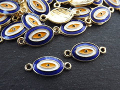 Evil Eye Charm Connector Pendant, Navy Blue Enamel Evil eye, Good Luck Charm, Protection Amulet, Bracelet Connector, Gold Plated, 2pc