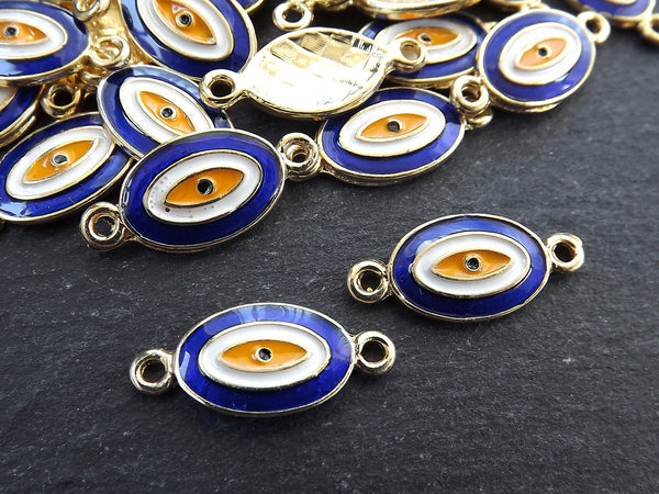 Evil Eye Charm Connector Pendant, Navy Blue Enamel Evil eye, Good Luck Charm, Protection Amulet, Bracelet Connector, Gold Plated, 2pc