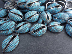 Cowrie Shell Connector Charms, Turquoise Blue Gunmetal Rhinestone Shell Charms, Micro Pave Cowrie Shell, Puka Shell, Bracelet Charm, T1