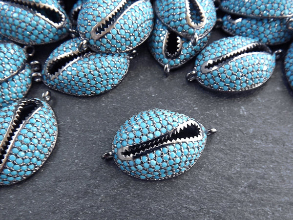 Cowrie Shell Connector Charms, Turquoise Blue Gunmetal Rhinestone Shell Charms, Micro Pave Cowrie Shell, Puka Shell, Bracelet Charm, T1