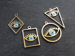 Gold Evil Eye Charm, Rectangle Eye Pendant, Earring Charms, Evil Eye Necklace, Eyelash, Blue Protective Eye, Talisman, 22k Shiny Gold Plated