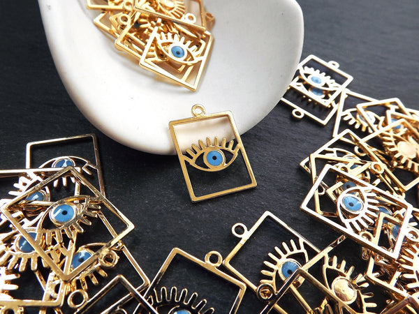 Gold Evil Eye Charm, Rectangle Eye Pendant, Earring Charms, Evil Eye Necklace, Eyelash, Blue Protective Eye, Talisman, 22k Shiny Gold Plated