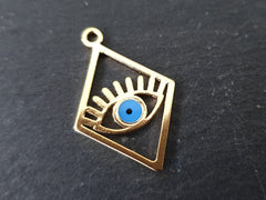 Gold Evil Eye Charm, Diamond Eye Pendant, Earring Charms, Evil Eye Necklace, Eyelash, Blue Protective Eye, Talisman, 22k Shiny Gold Plated