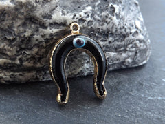 Glass Evil Eye Charm Pendant, Black Horseshoe Evil Eye Charm, Lampwork Murano, Amulet, Protective, Lucky Charm, Handmade, Gold Bezel, 1pc