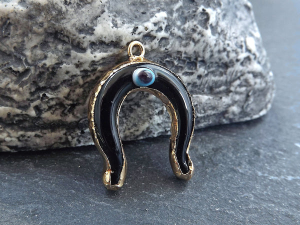 Glass Evil Eye Charm Pendant, Black Horseshoe Evil Eye Charm, Lampwork Murano, Amulet, Protective, Lucky Charm, Handmade, Gold Bezel, 1pc