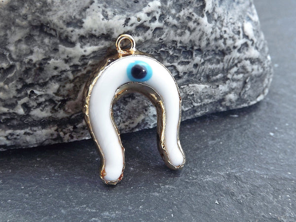 Glass Evil Eye Charm Pendant, White Horseshoe Evil Eye Charm, Lampwork Murano, Amulet, Protective, Lucky Charm, Handmade, Gold Bezel, 1pc