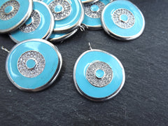 Enamel Evil Eye Charm Pendant, Turquoise Blue Evil Eye CZ Rhinestone Pendant, Good Luck Charm, Silver Plated, 1pc