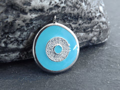 Enamel Evil Eye Charm Pendant, Turquoise Blue Evil Eye CZ Rhinestone Pendant, Good Luck Charm, Silver Plated, 1pc