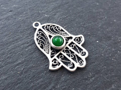 Hamsa Charm Pendant Green Jade Stone, Filigree Hand of Fatima, Talisman, Protection Amulet, Antique Matte Silver Plated