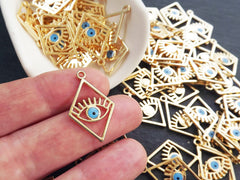 Gold Evil Eye Charm, Diamond Eye Pendant, Earring Charms, Evil Eye Necklace, Eyelash, Blue Protective Eye, Talisman, 22k Shiny Gold Plated