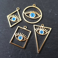 Gold Evil Eye Charm, Rectangle Eye Pendant, Earring Charms, Evil Eye Necklace, Eyelash, Blue Protective Eye, Talisman, 22k Shiny Gold Plated