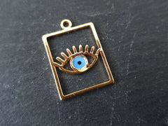 Gold Evil Eye Charm, Rectangle Eye Pendant, Earring Charms, Evil Eye Necklace, Eyelash, Blue Protective Eye, Talisman, 22k Shiny Gold Plated