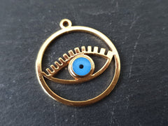 Evil Eye Charm Pendant, Round Eye, Lightweight Earring Charms, Evil Eye Necklace, Eyelash, Protective Eye, Talisman, 22k Shiny Gold Plated